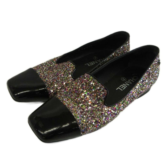 Chanel Glitter Patent Loafers Pumps Square Toe Flat CC Logo Multicolor