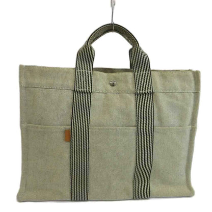 Hermes New Fourre Tout MM Tote Bag Canvas Stripe Light Gray Black