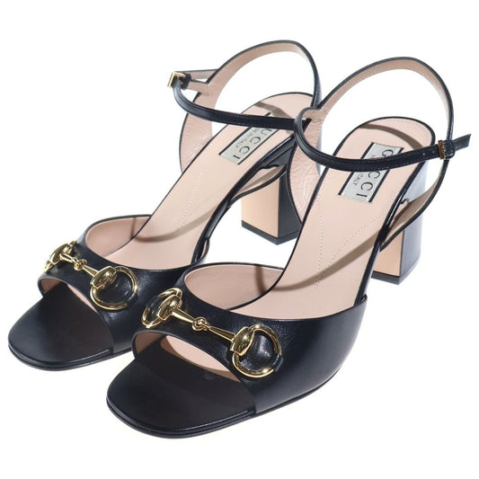 Gucci Horsebit Leather Heels Pumps Mules Shoes Square Toe Gold Black