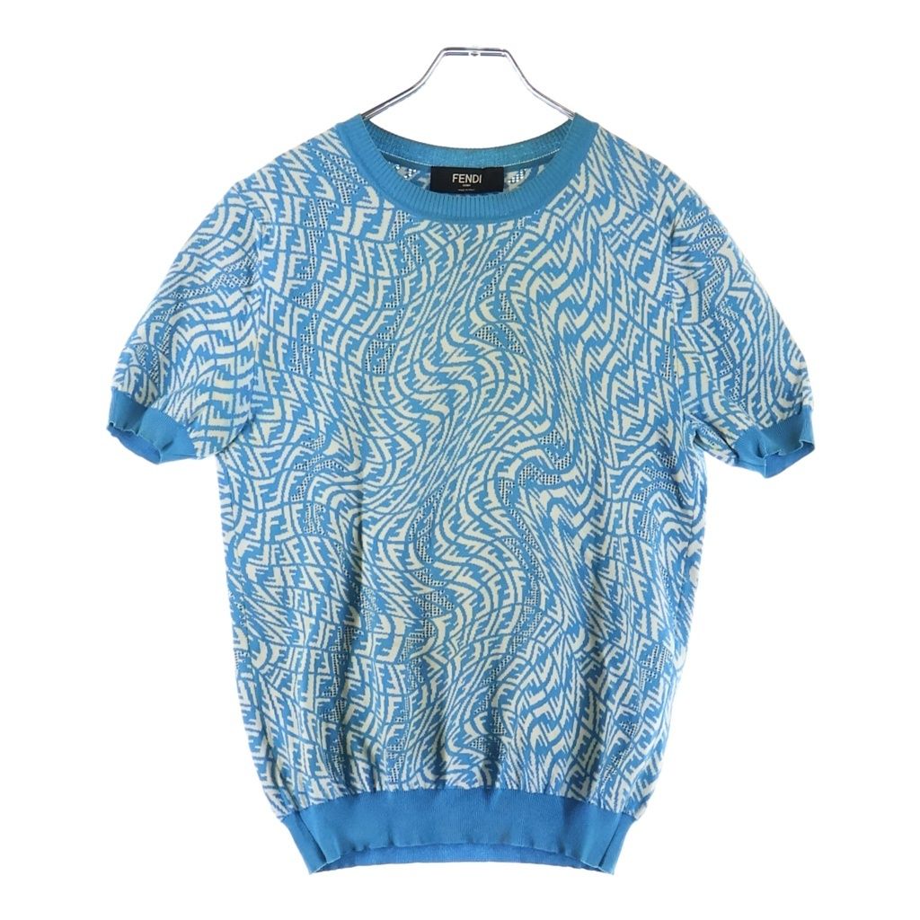 Fendi FF Logo Short Sleeve Knit Top Blue Sweater