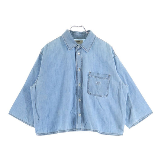 Celine Triomphe Short Sleeve Cropped Denim Shirt Logo Embroidery Indigo