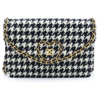 Chanel Wallet on Chain Heart Shoulder Bag Tweed Black White Houndstooth Gold