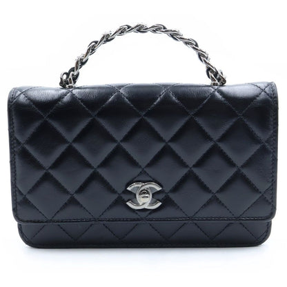 Chanel Quilted Chain Mini Shoulder Bag Black Lambskin Silver