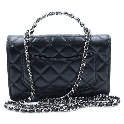 Chanel Quilted Chain Mini Shoulder Bag Black Lambskin Silver — view 2