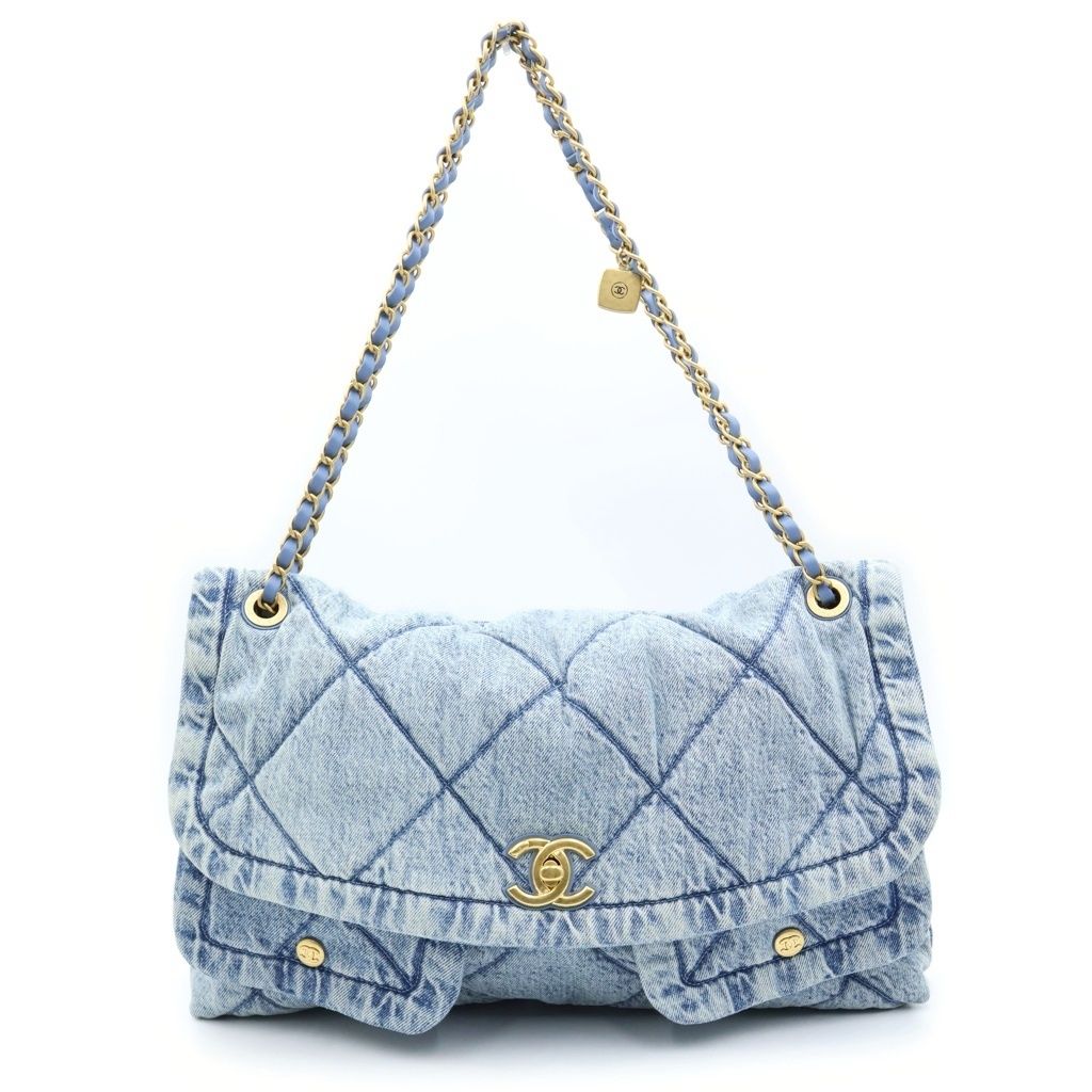 Chanel CC Logo Denim Maxi Flap Bag Handbag Bag Blue