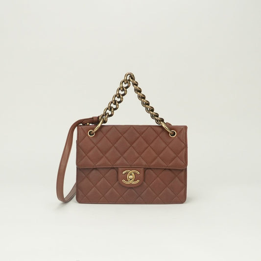 Chanel Quilted Tote Shoulder Bag Caviar Leather Brown Gold CC Logo Turnlock