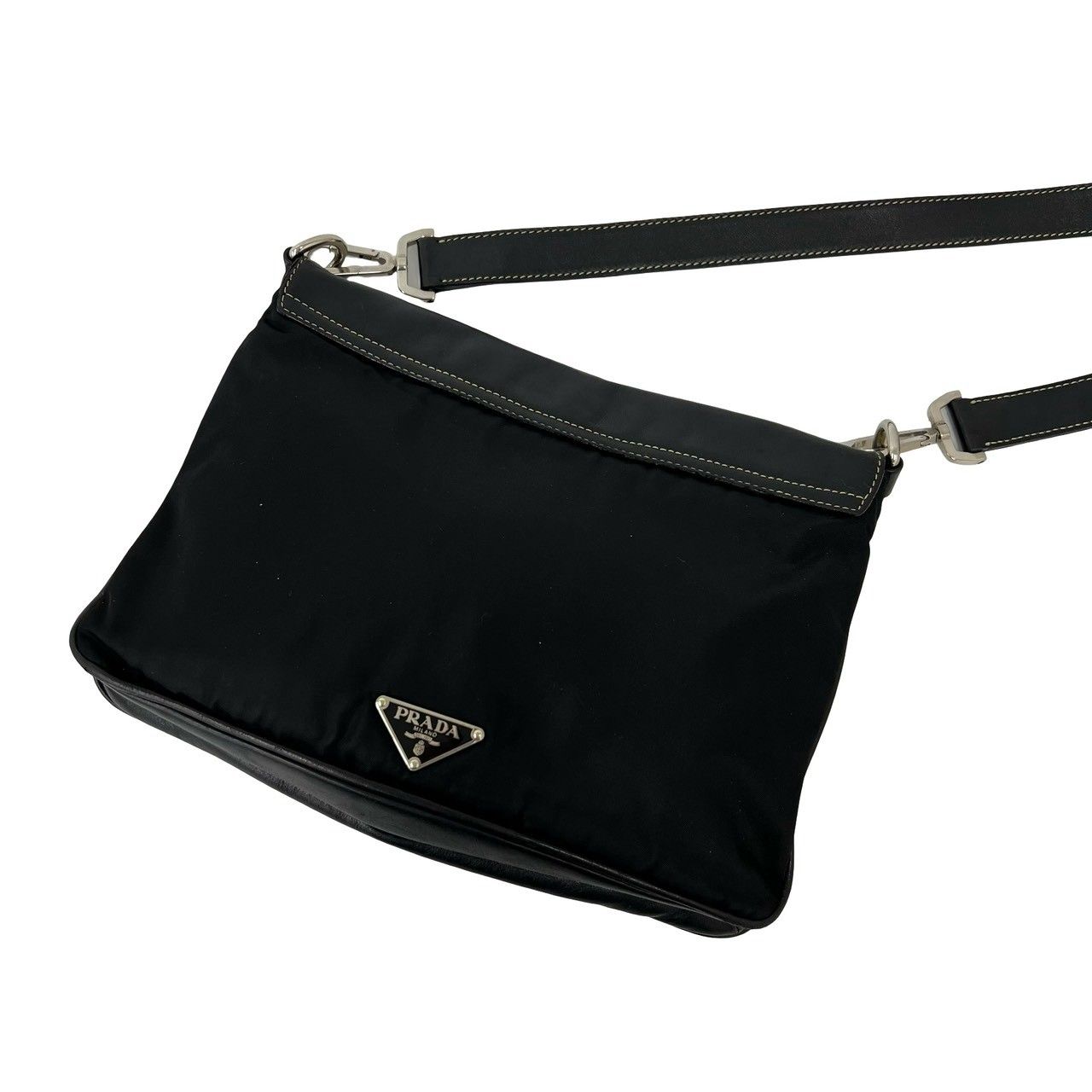Prada Triangle Logo Tessuto Nylon Leather Shoulder Bag Pochette Crossbody Black — view 3