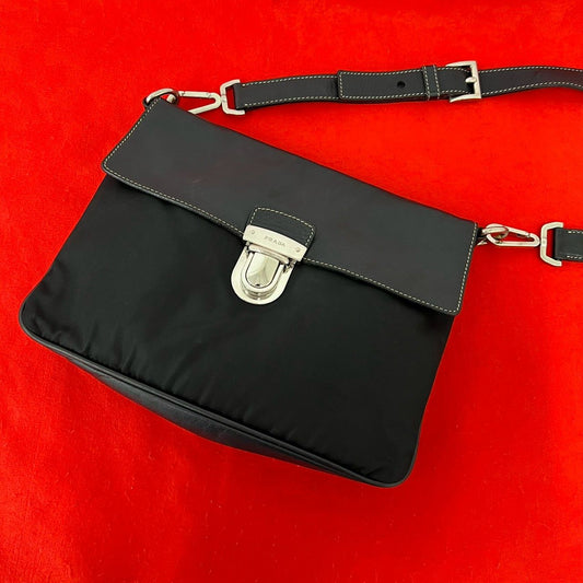 Prada Triangle Logo Tessuto Nylon Leather Shoulder Bag Pochette Crossbody Black