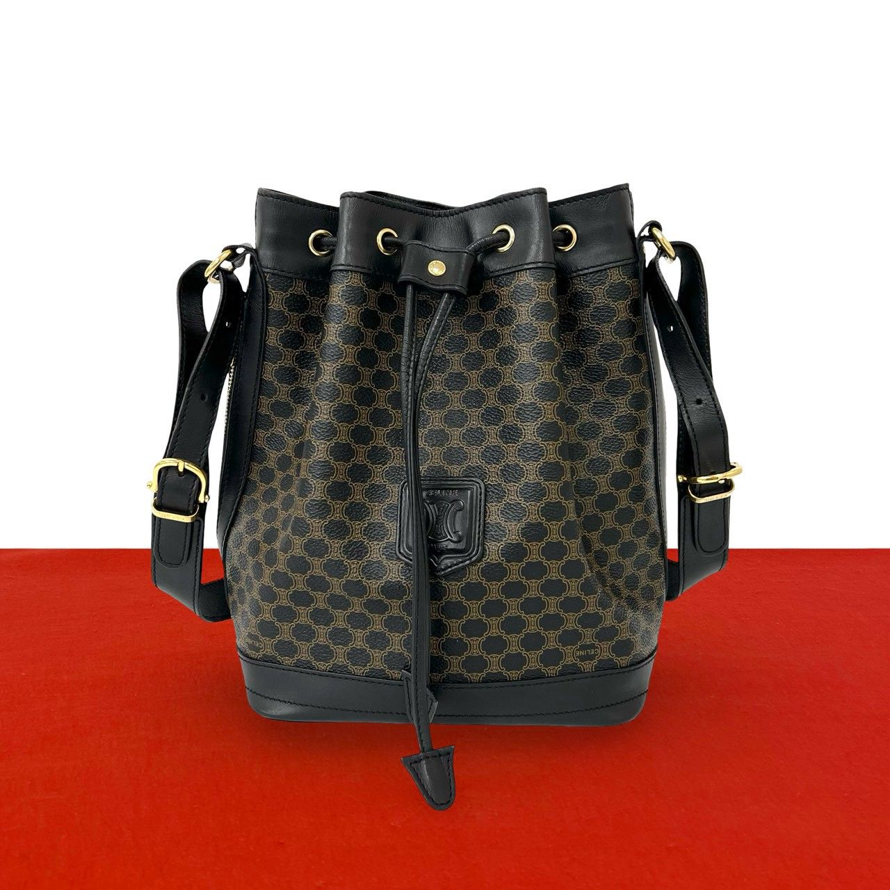 Celine Vintage Macadam Blason Pattern Leather Drawstring Shoulder Bag Pochette
