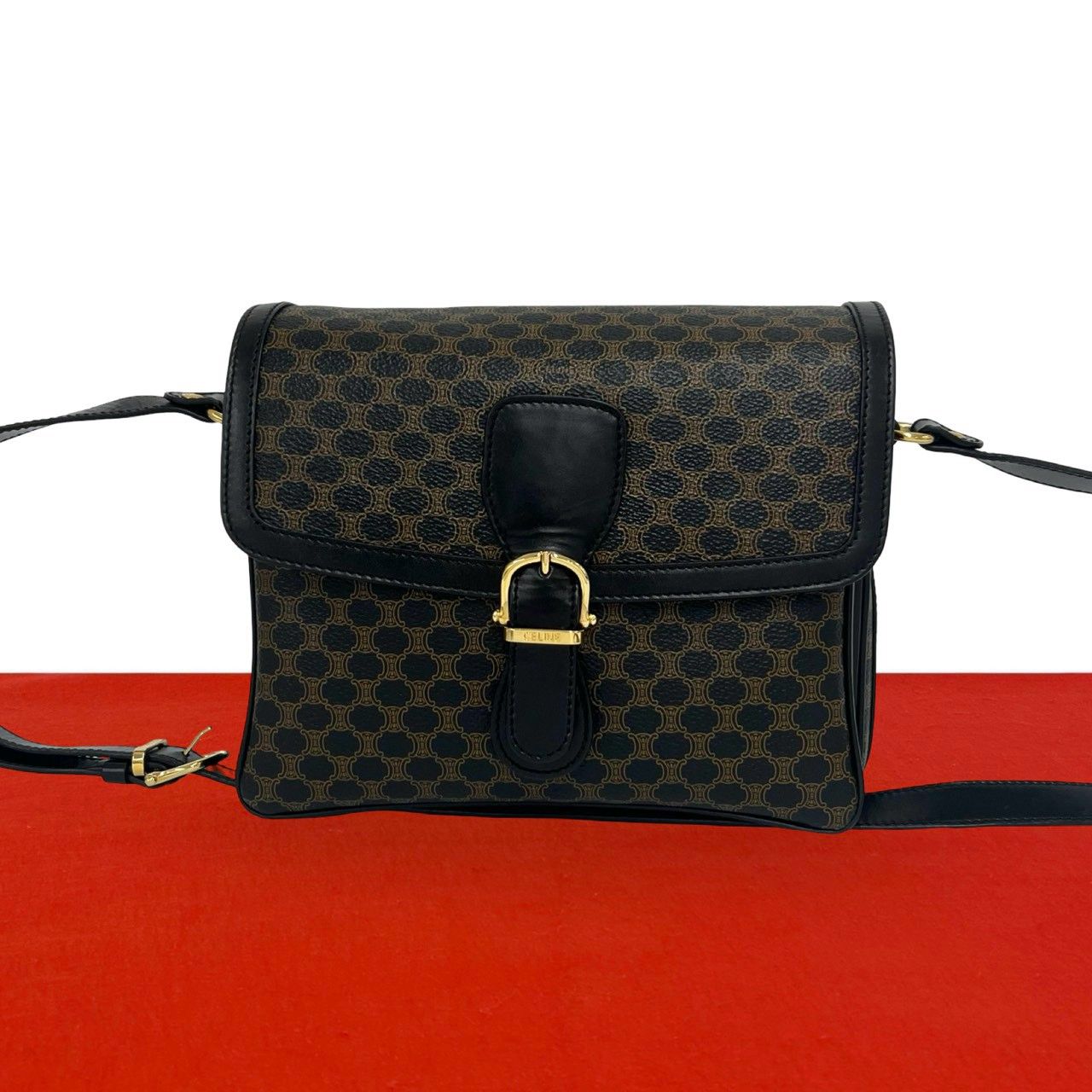 Celine Macadam Blason Pattern Triomphe Logo Leather Shoulder Bag Pochette Black