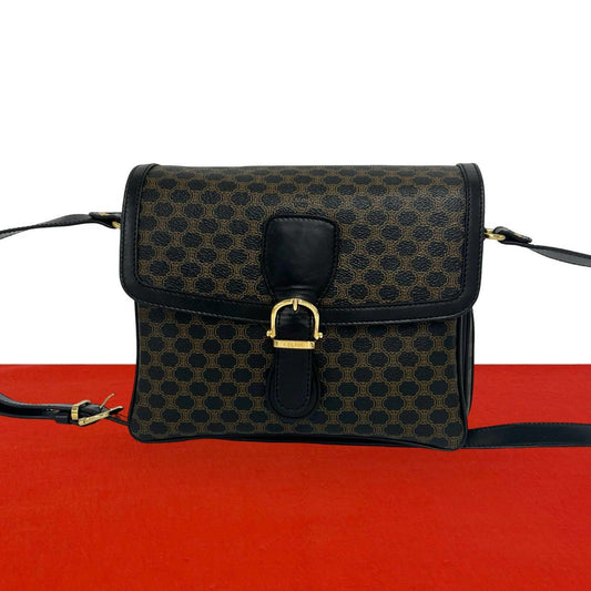 Celine Macadam Blason Pattern Triomphe Logo Leather Shoulder Bag Pochette Black