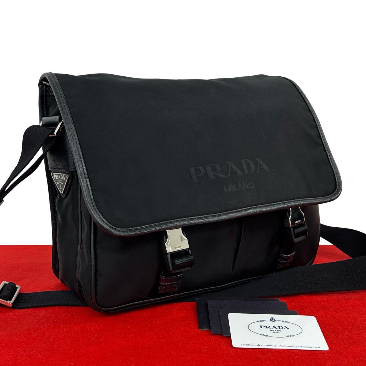 Prada Triangle Logo Tessuto Nylon Saffiano Leather Shoulder Bag Crossbody Black