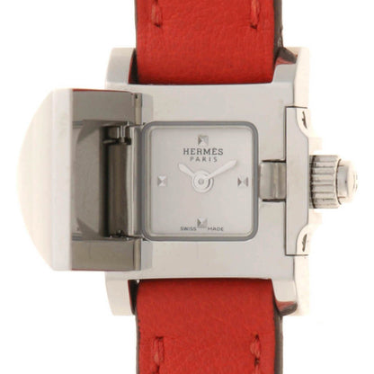 Hermes Medor Tour Watch SS Stainless Steel Leather Strap Silver Dial Quartz