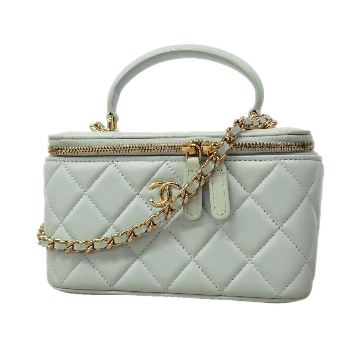 Chanel Vanity Bag Quilted Lambskin Sky Blue Champagne Gold 2-Way Bag