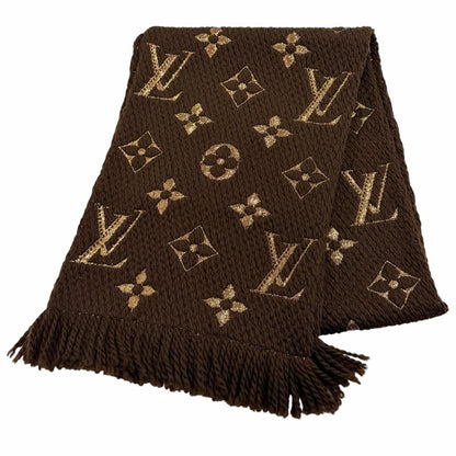 Louis Vuitton Logomania Scarf Shine Wool Silk Blend Brown Fringe