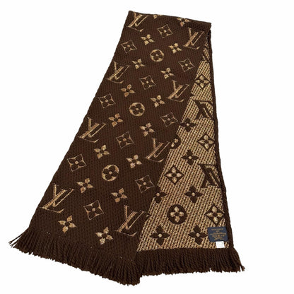 Louis Vuitton Logomania Scarf Shine Wool Silk Blend Brown Fringe — view 3