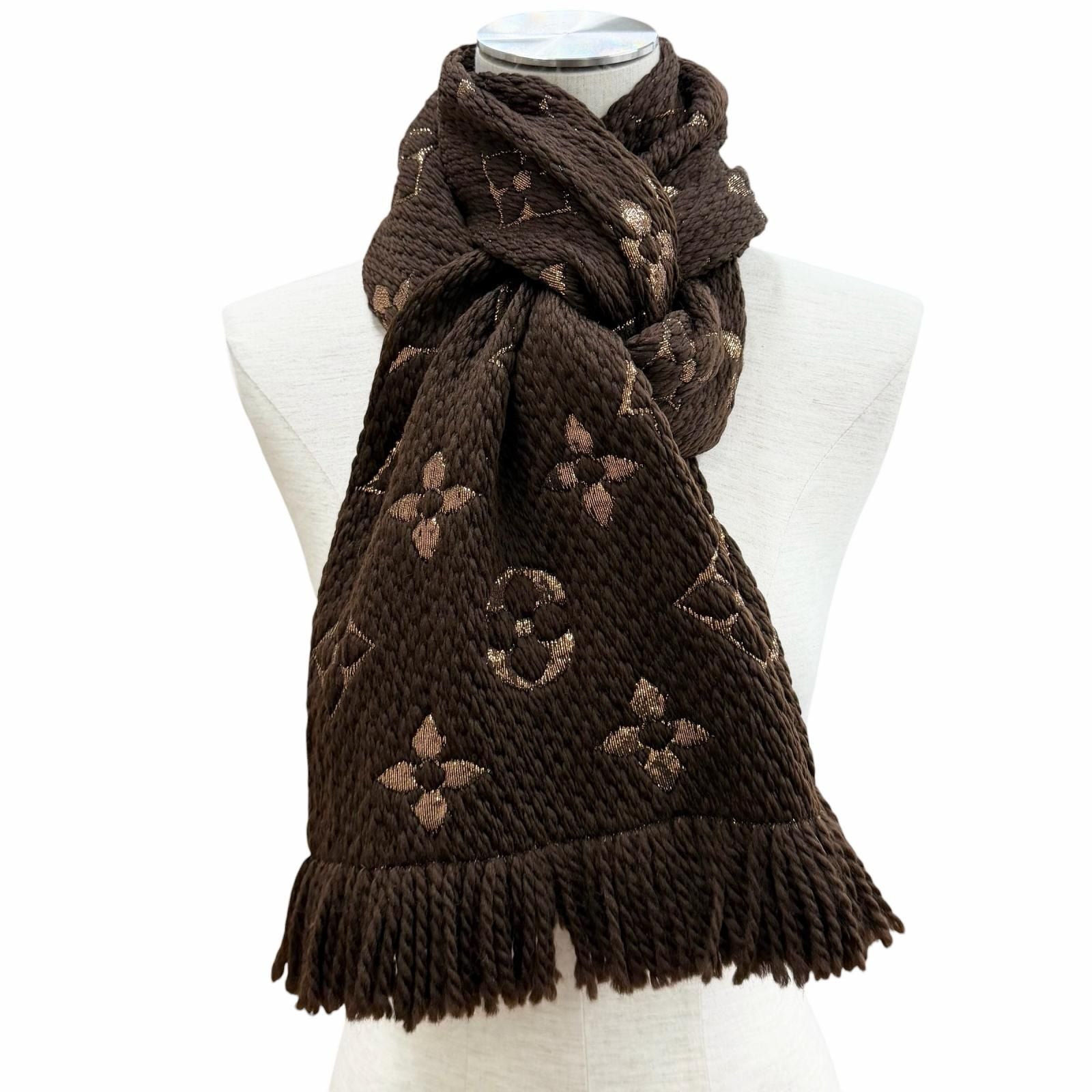 Louis Vuitton Logomania Scarf Shine Wool Silk Blend Brown Fringe — view 2