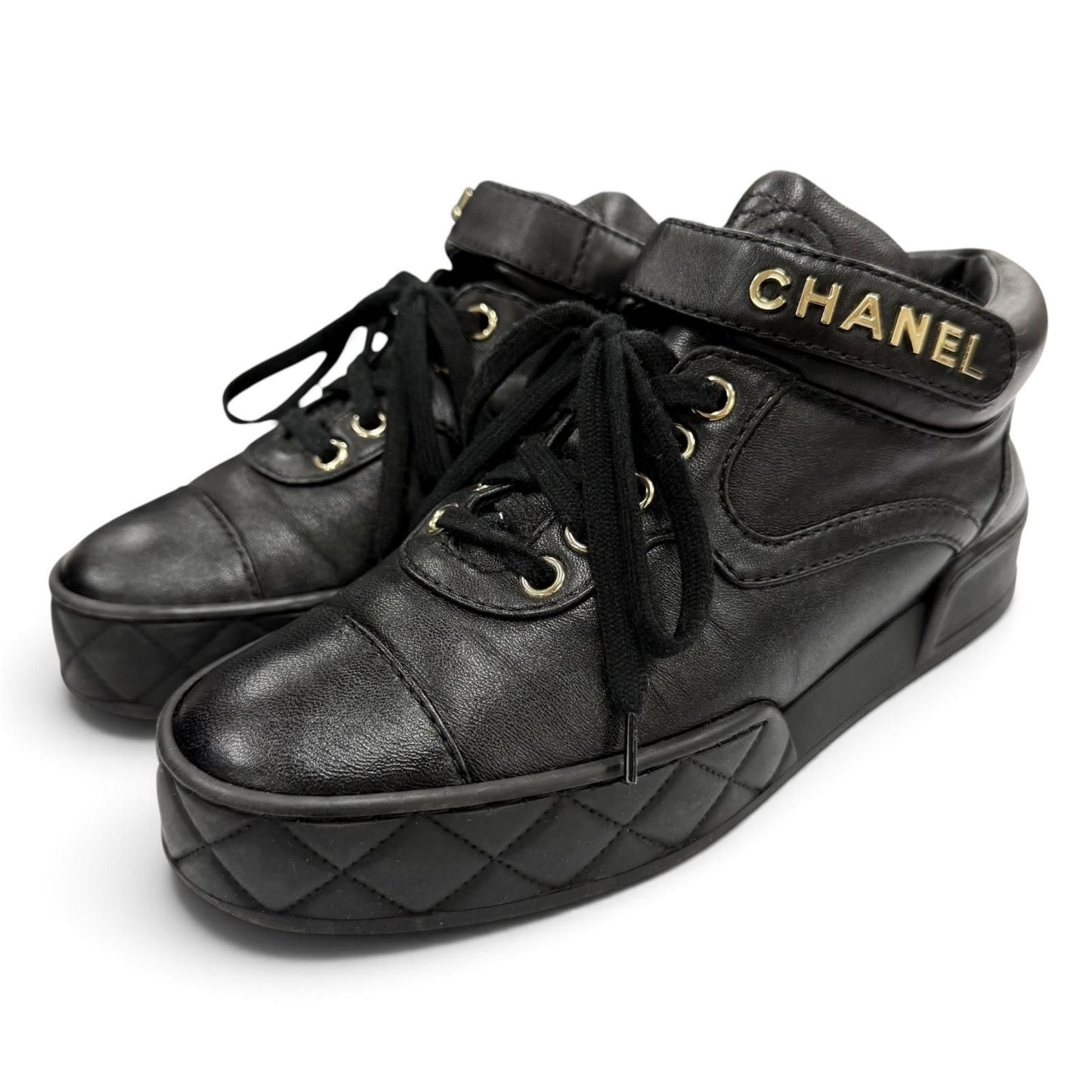 Chanel CC Logo Velcro Lace-up Leather Middle High Top Sneakers Black