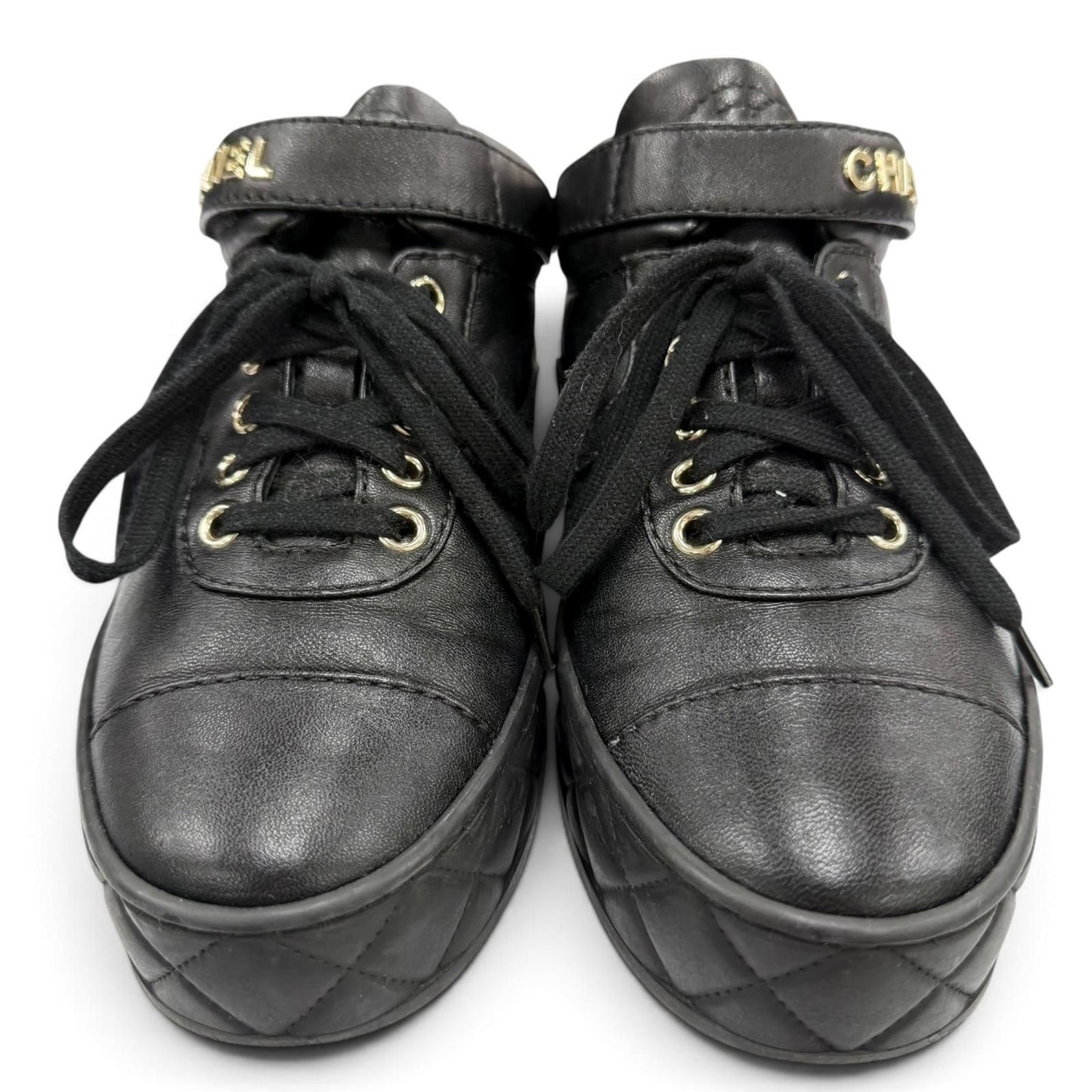 Chanel CC Logo Velcro Lace-up Leather Middle High Top Sneakers Black — view 3