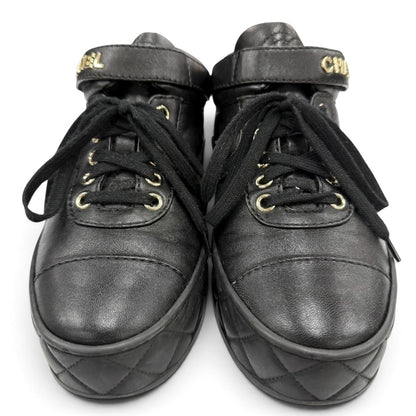 Chanel CC Logo Velcro Lace-up Leather Middle High Top Sneakers Black — view 3