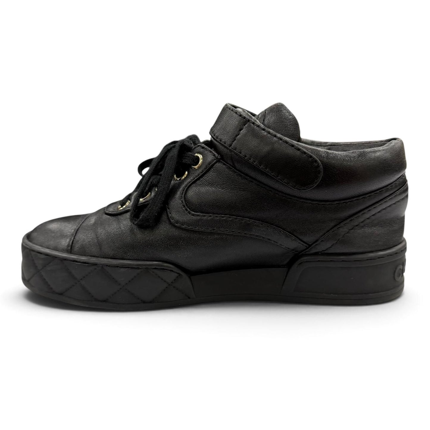 Chanel CC Logo Velcro Lace-up Leather Middle High Top Sneakers Black — view 6