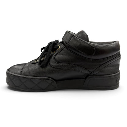Chanel CC Logo Velcro Lace-up Leather Middle High Top Sneakers Black — view 6