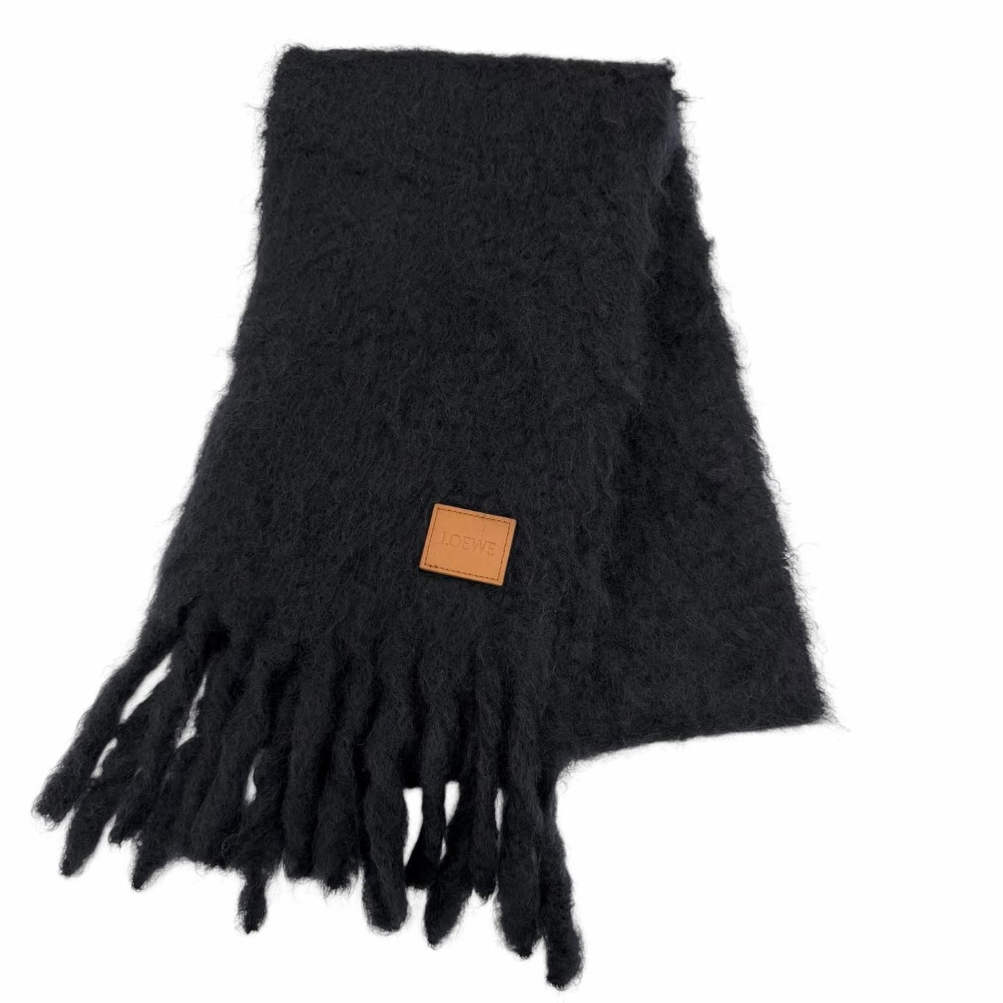 Loewe Mohair Wool Logo Leather Patch Fringe Scarf Dark Navy