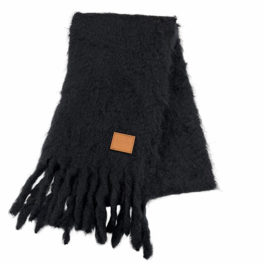 Loewe Mohair Wool Logo Leather Patch Fringe Scarf Dark Navy