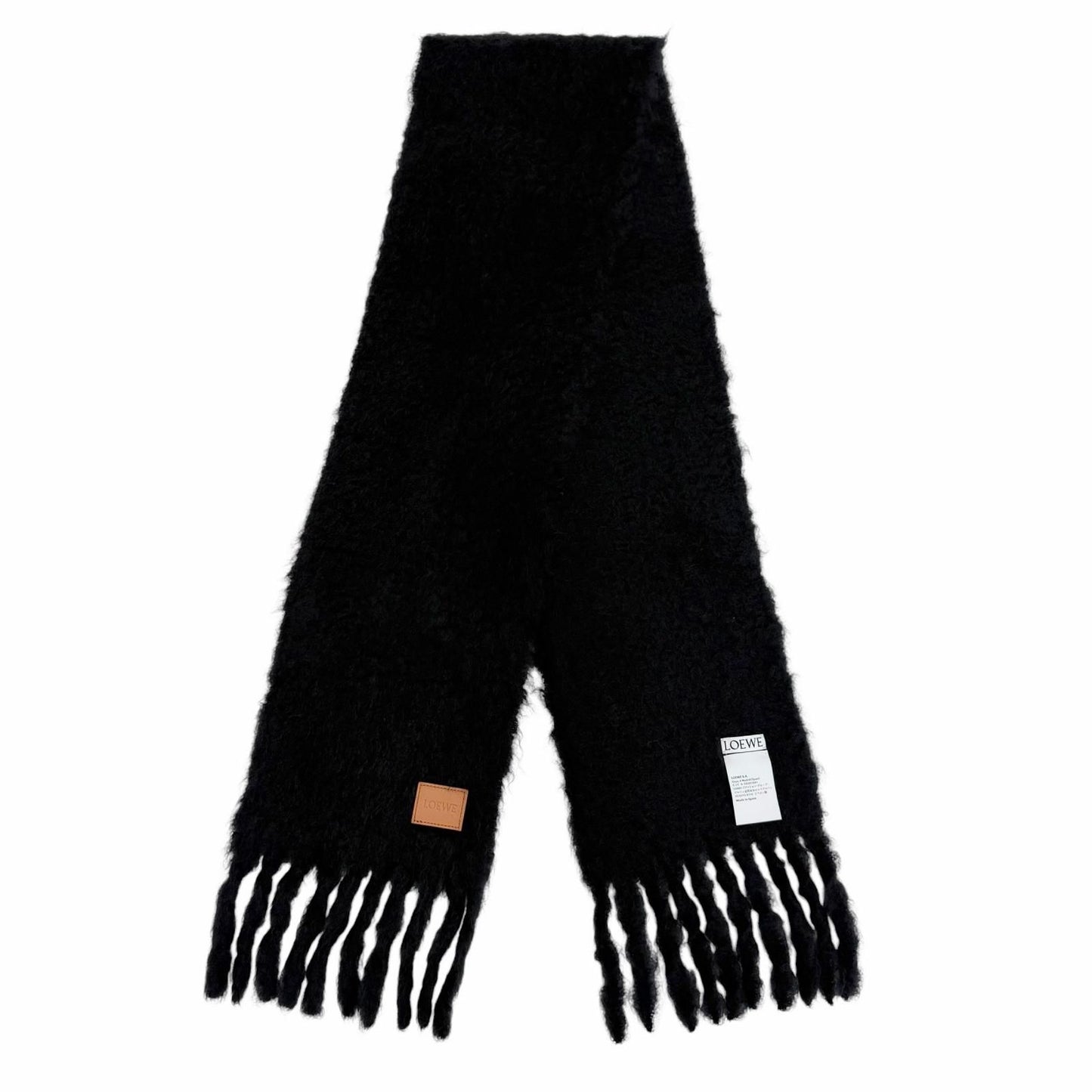 Loewe Mohair Wool Logo Leather Patch Fringe Scarf Dark Navy — view 3