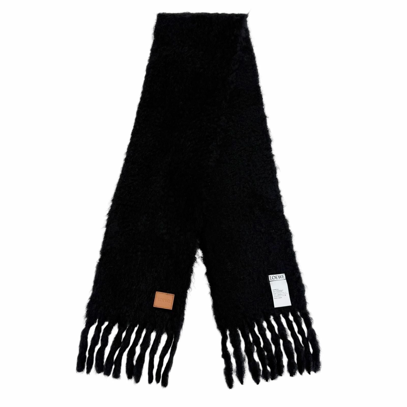 Loewe Mohair Wool Logo Leather Patch Fringe Scarf Dark Navy — view 3