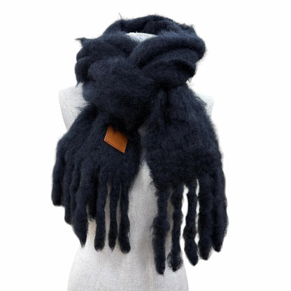 Loewe Mohair Wool Logo Leather Patch Fringe Scarf Dark Navy — view 2