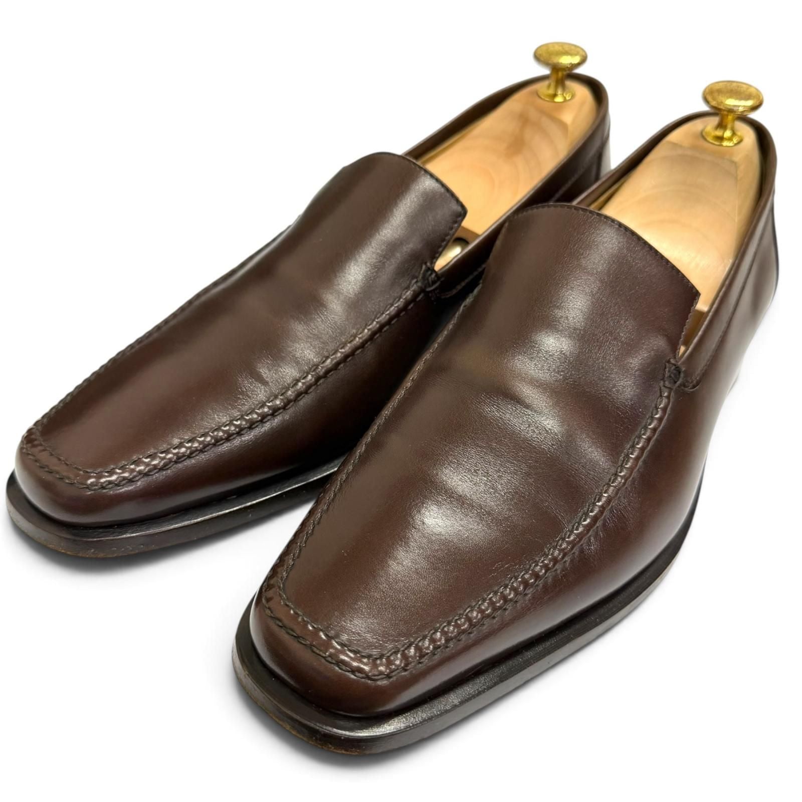 Hermes Leather Knob Mocha Stitch Flat Shoes Moccasin Loafers Brown