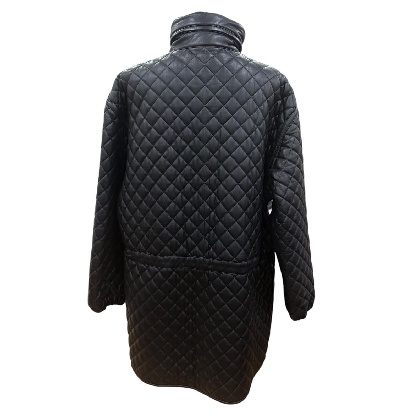 Loewe Long Length Zip UP All Over Print Design Quilted Leather Coat Black 42 — view 4