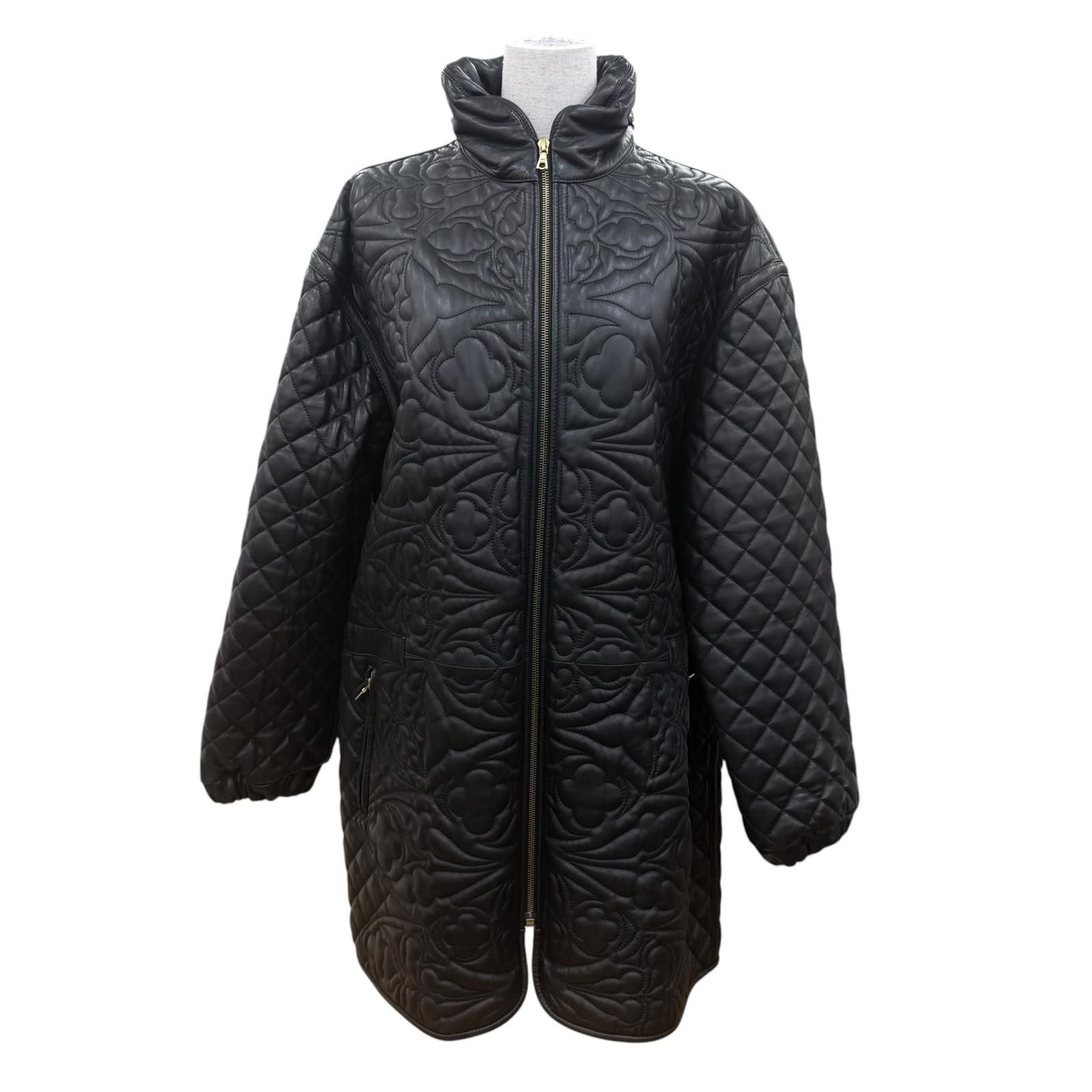Loewe Long Length Zip UP All Over Print Design Quilted Leather Coat Black 42