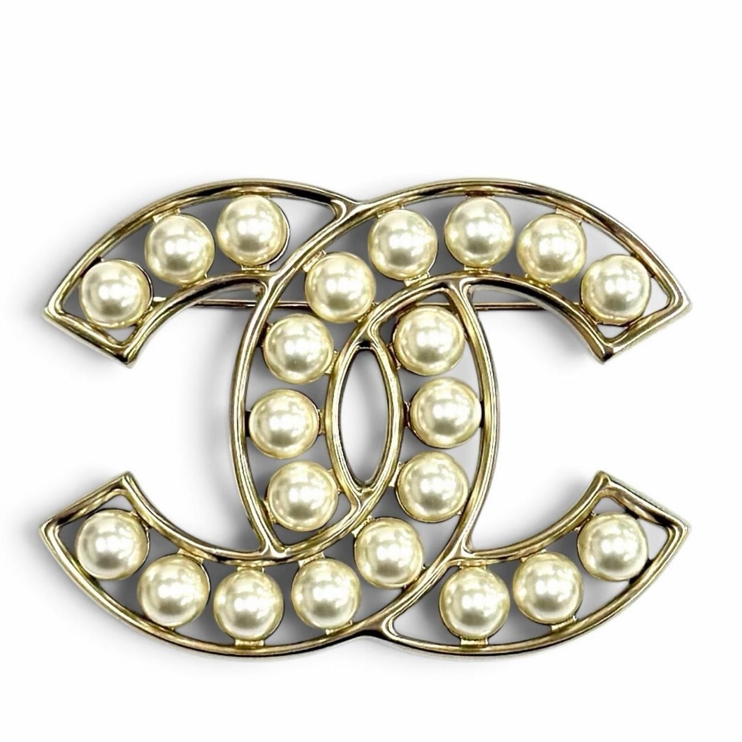 Chanel CC Logo Faux Pearl Brooch White Gold