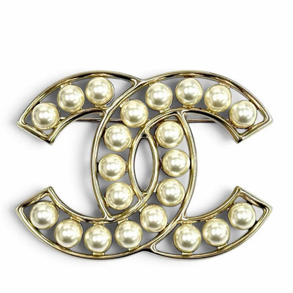 Chanel CC Logo Faux Pearl Brooch White Gold