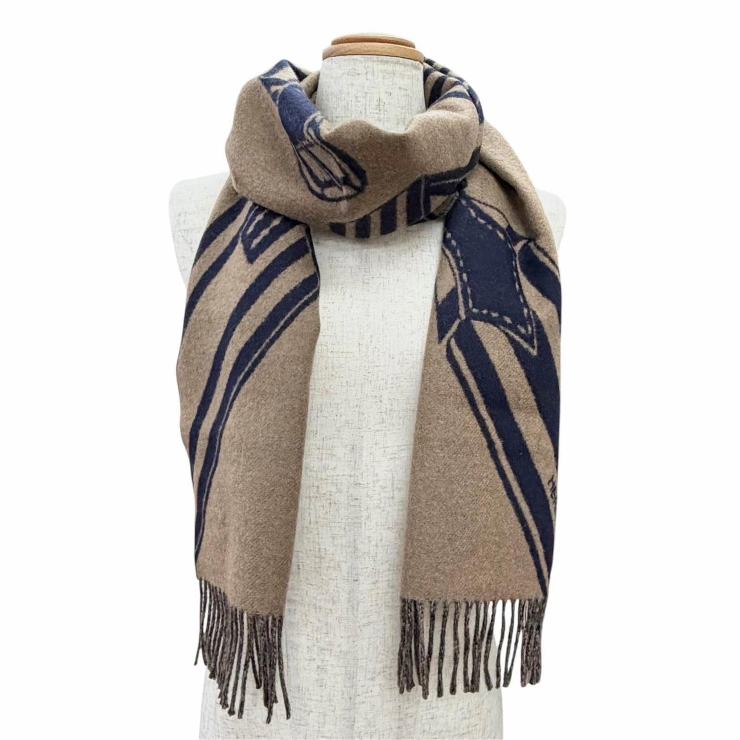 Hermes Sangles en Zigzag Cashmere 100% Etoupe Marine Fringe Scarf Brown Navy — view 3