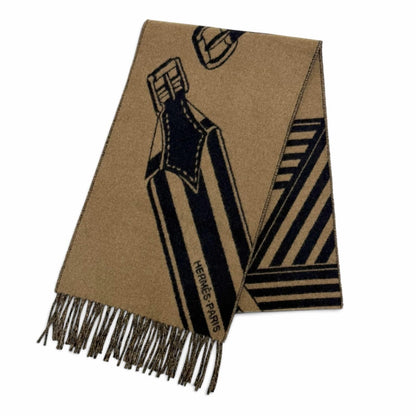 Hermes Sangles en Zigzag Cashmere 100% Etoupe Marine Fringe Scarf Brown Navy