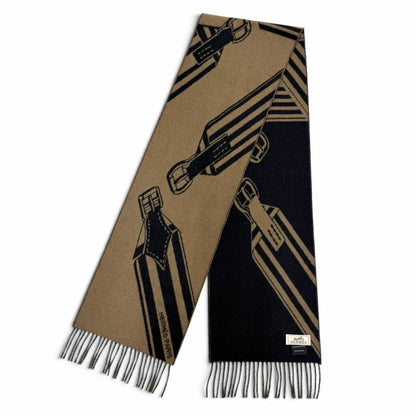 Hermes Sangles en Zigzag Cashmere 100% Etoupe Marine Fringe Scarf Brown Navy — view 4