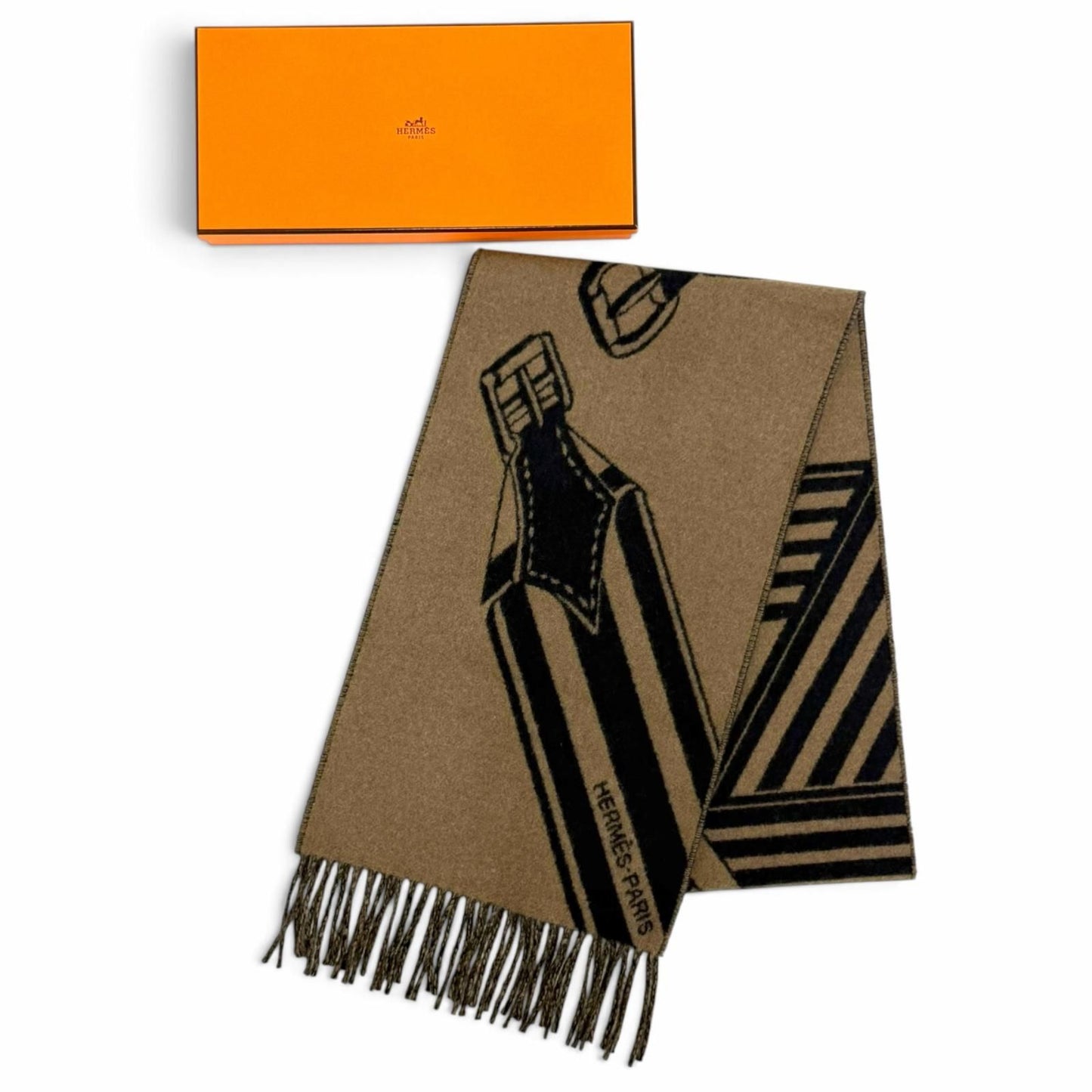Hermes Sangles en Zigzag Cashmere 100% Etoupe Marine Fringe Scarf Brown Navy — view 2