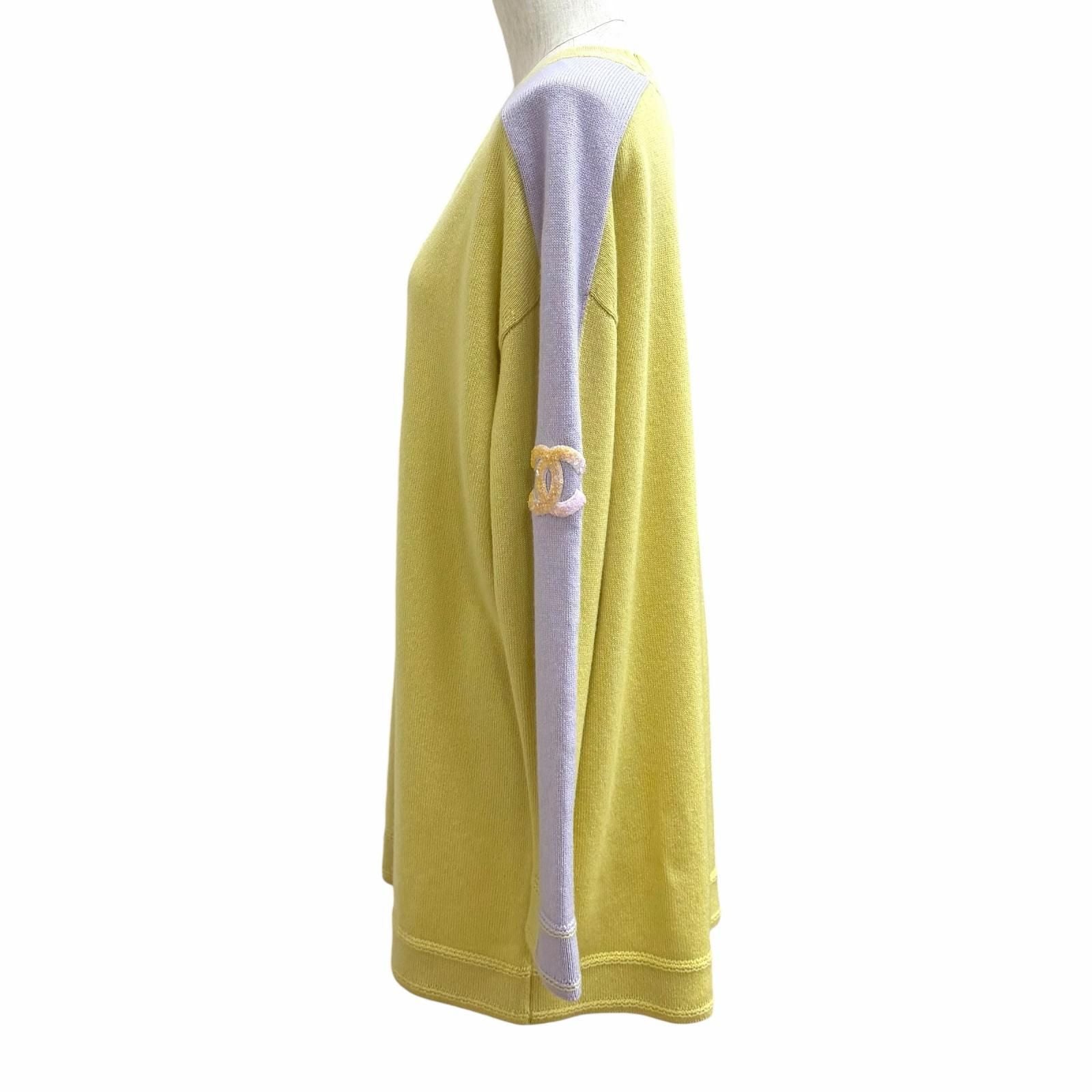 Chanel Cashmere 100% Oversized CC Logo Sequin Long Sleeve Tunic Yellow Purple 34 — view 3