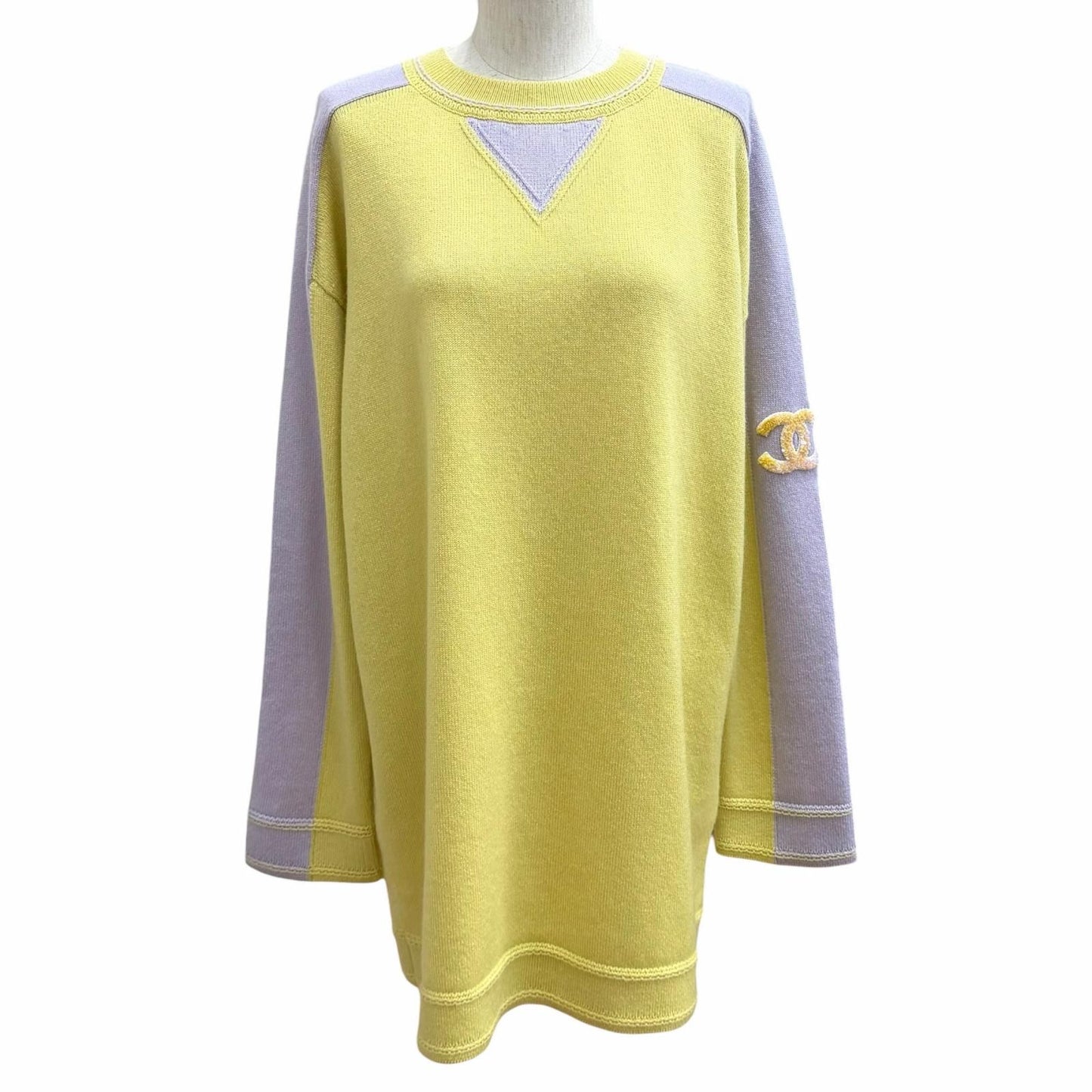 Chanel Cashmere 100% Oversized CC Logo Sequin Long Sleeve Tunic Yellow Purple 34