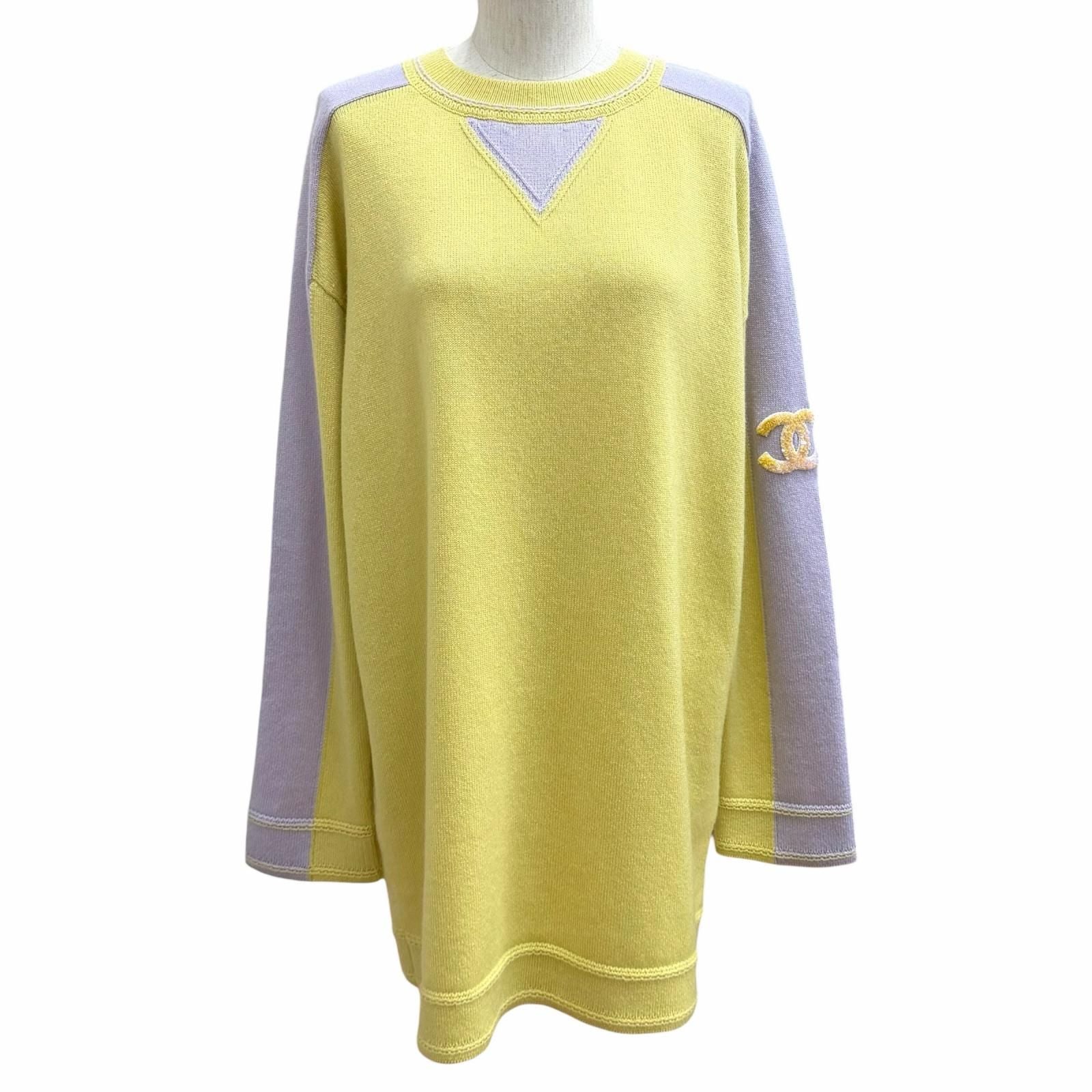 Chanel Cashmere 100% Oversized CC Logo Sequin Long Sleeve Tunic Yellow Purple 34