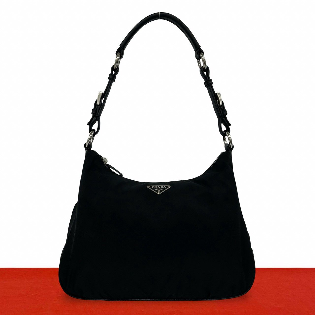 Prada Triangle Logo Tessuto Nylon Leather Shoulder Bag Black