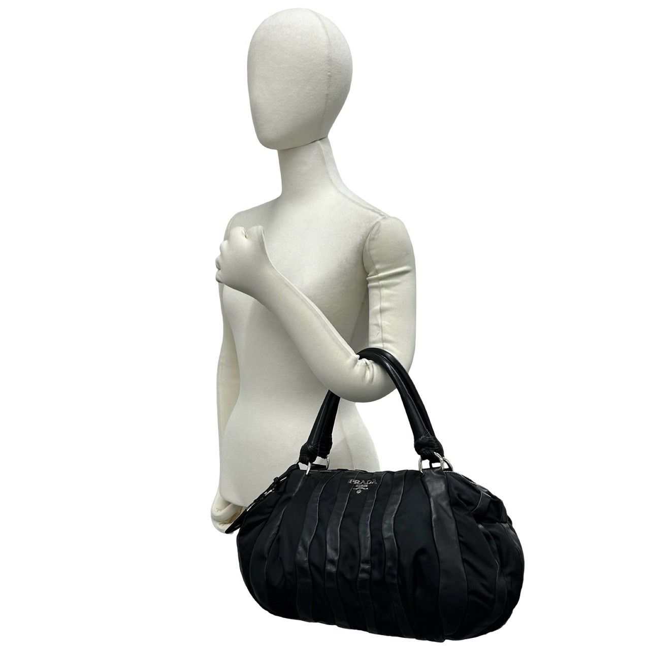 Prada Logo Tessuto Nylon Leather Tote Boston Bag Black — view 2