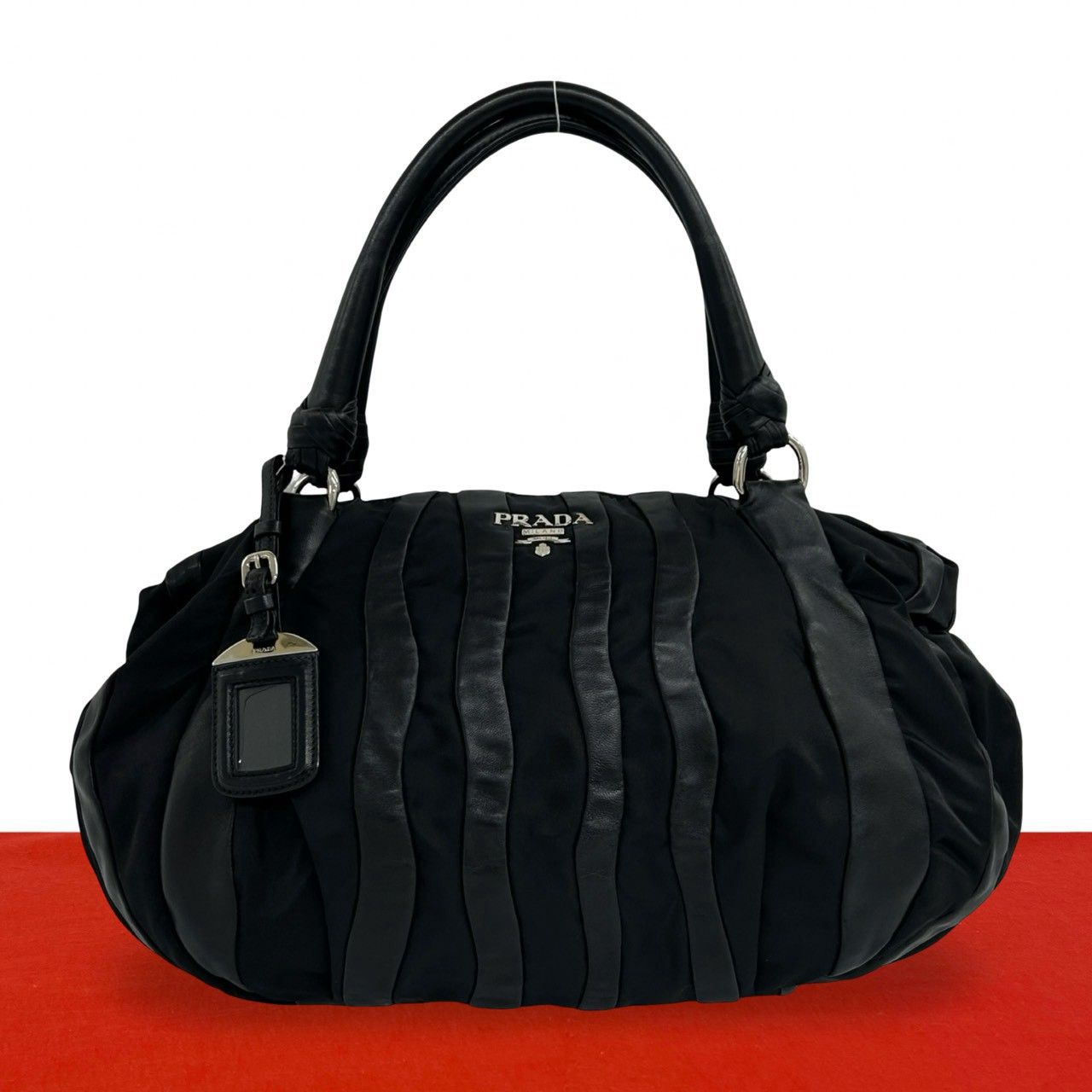 Prada Logo Tessuto Nylon Leather Tote Boston Bag Black
