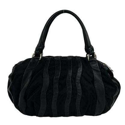Prada Logo Tessuto Nylon Leather Tote Boston Bag Black — view 3