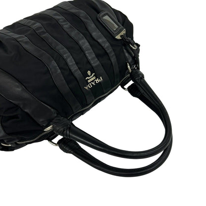 Prada Logo Tessuto Nylon Leather Tote Boston Bag Black — view 4