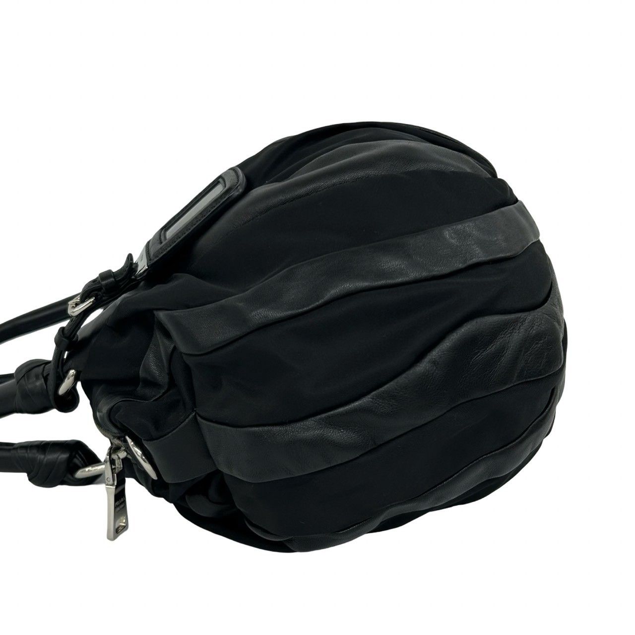 Prada Logo Tessuto Nylon Leather Tote Boston Bag Black — view 5