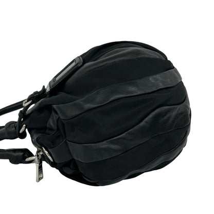 Prada Logo Tessuto Nylon Leather Tote Boston Bag Black — view 5